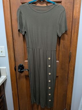 SHEIN Olive Green Short-Sleeve Midi Dress with Side Button Trim